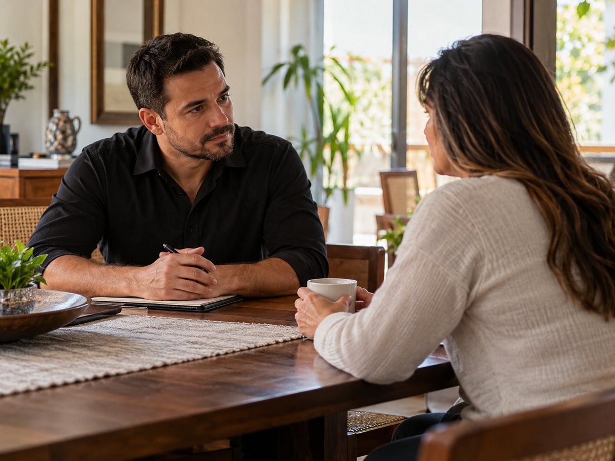 Duas pessoas conversando com calma à mesa de uma residência. Imagem ilustrativa.